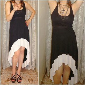 TATU Boutique Elegant Black High-Low Maxi Dress with white ruffle, size XS